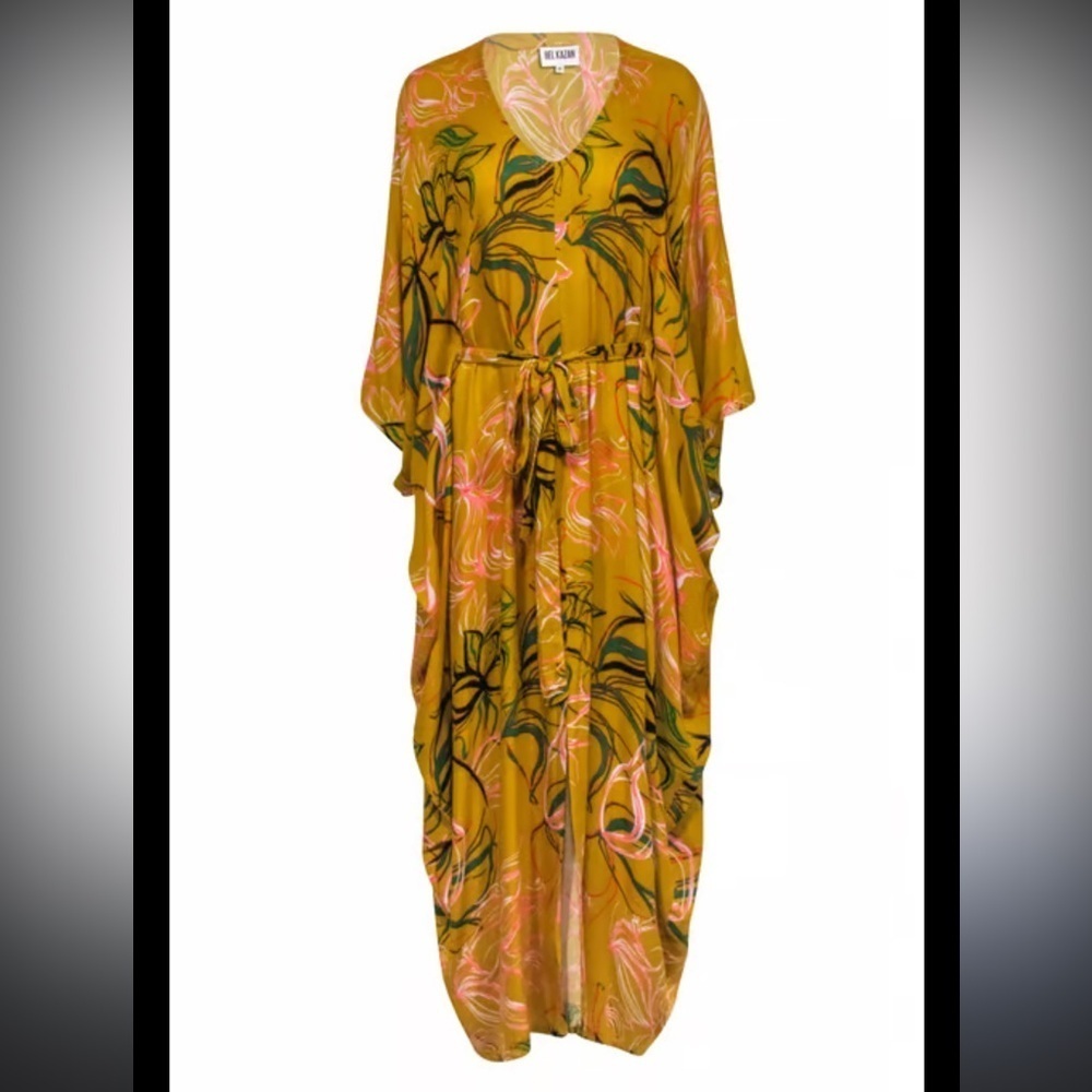 Bel Kazan - Mustard Yellow w/ Multicolor Floral Print Cover Up Dress One Size